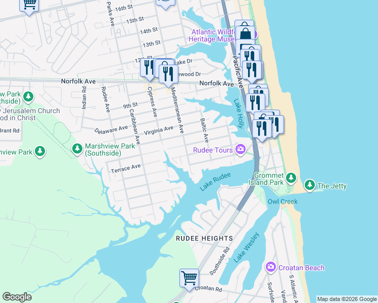 map of restaurants, bars, coffee shops, grocery stores, and more near 408 Mediterranean Avenue in Virginia Beach