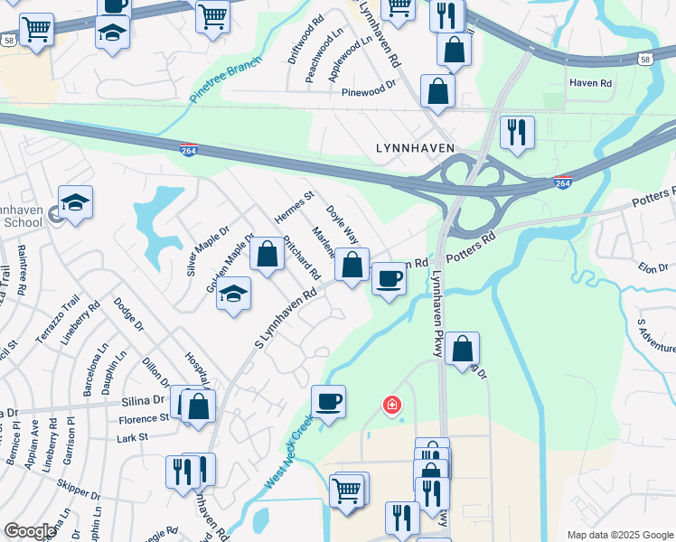 map of restaurants, bars, coffee shops, grocery stores, and more near 2948 South Lynnhaven Road in Virginia Beach