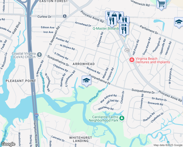 map of restaurants, bars, coffee shops, grocery stores, and more near 5620 Susquehanna Drive in Virginia Beach