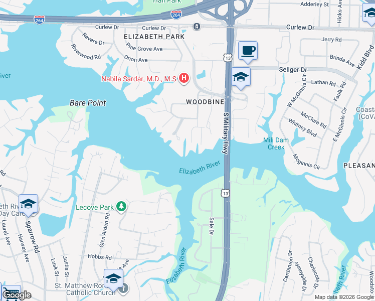 map of restaurants, bars, coffee shops, grocery stores, and more near 460 Shorewood Court in Norfolk