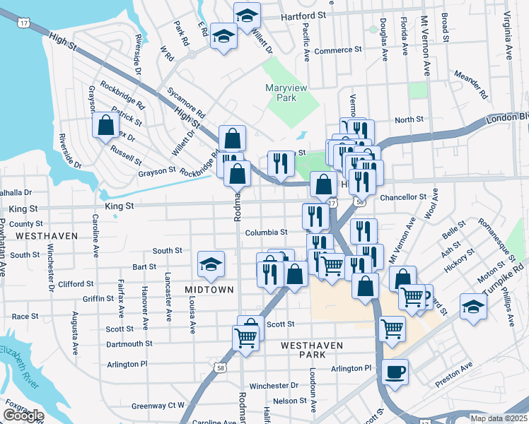 map of restaurants, bars, coffee shops, grocery stores, and more near 3509 County Street in Portsmouth