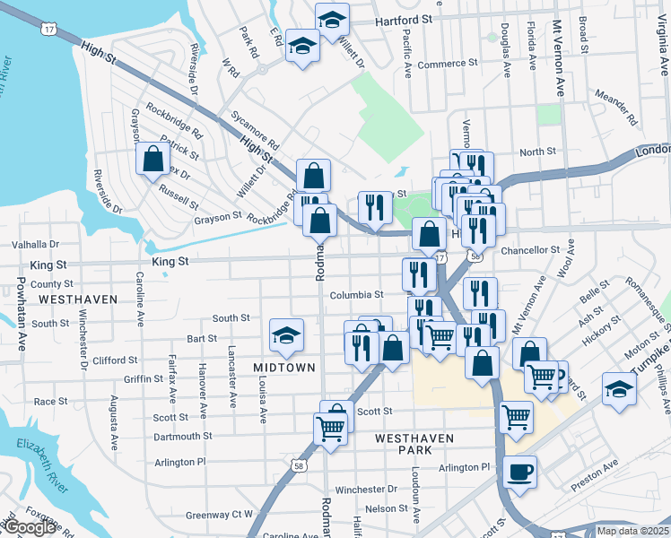 map of restaurants, bars, coffee shops, grocery stores, and more near 3615 County Street in Portsmouth