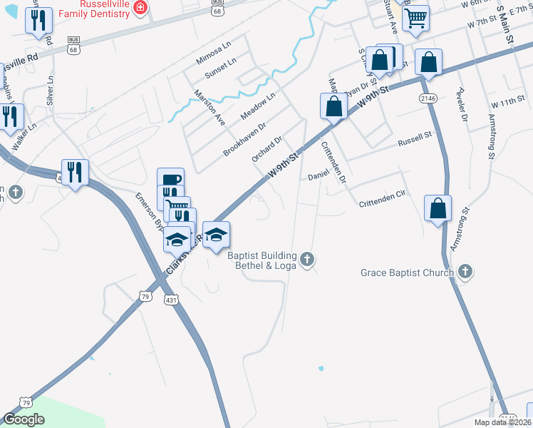 map of restaurants, bars, coffee shops, grocery stores, and more near 1001 West 9th Street in Russellville