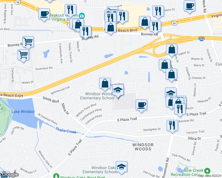 map of restaurants, bars, coffee shops, grocery stores, and more near 3776 Historyland Drive in Virginia Beach