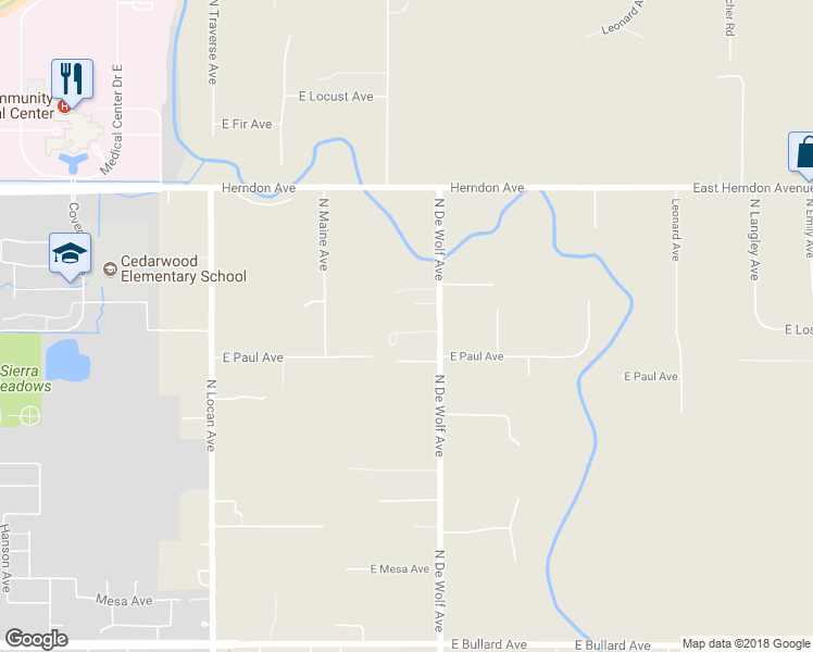 map of restaurants, bars, coffee shops, grocery stores, and more near 6675 North De Wolf Avenue in Clovis