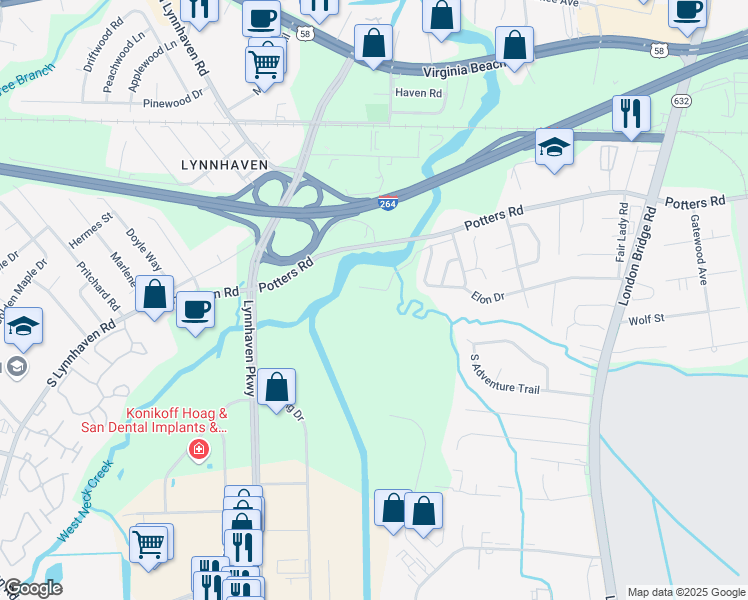 map of restaurants, bars, coffee shops, grocery stores, and more near 225 Arrowfield Road in Virginia Beach