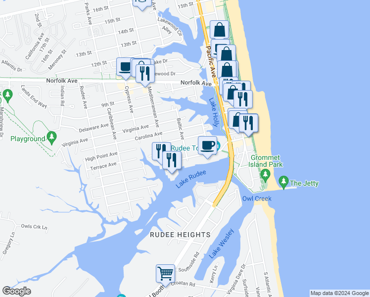 map of restaurants, bars, coffee shops, grocery stores, and more near 480 Baltic Avenue in Virginia Beach