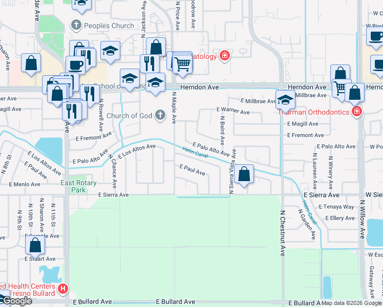 map of restaurants, bars, coffee shops, grocery stores, and more near 2569 East Los Altos Avenue in Fresno