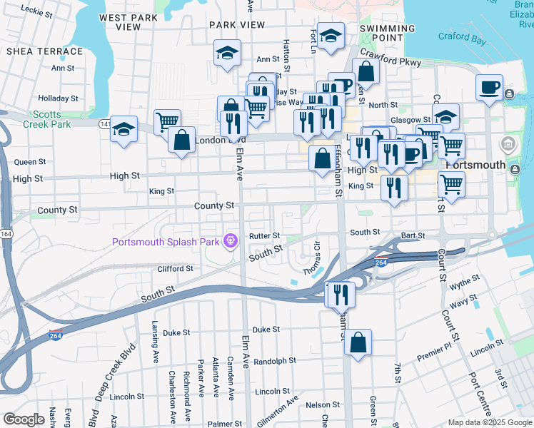 map of restaurants, bars, coffee shops, grocery stores, and more near 712 Bismarck Myrick Street in Portsmouth