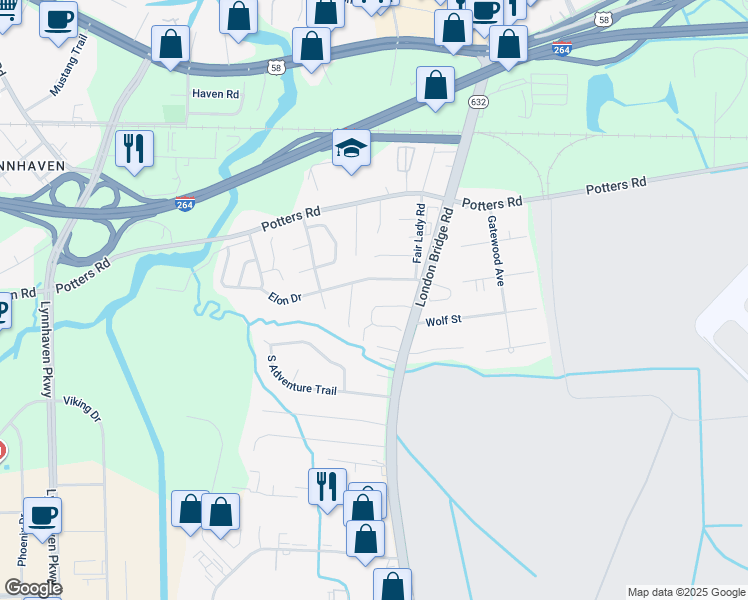 map of restaurants, bars, coffee shops, grocery stores, and more near 2432 Apiary Court in Virginia Beach