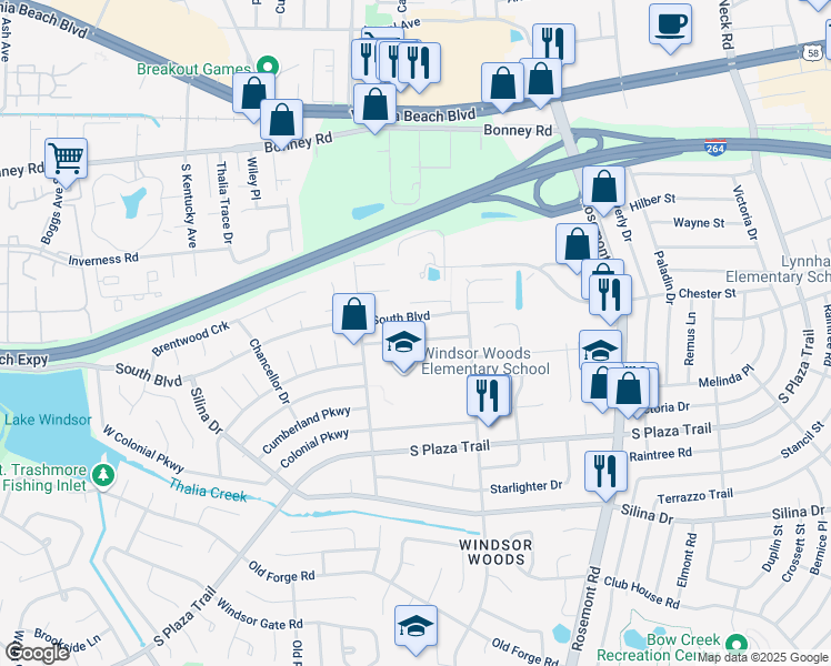 map of restaurants, bars, coffee shops, grocery stores, and more near 3741 Historyland Drive in Virginia Beach