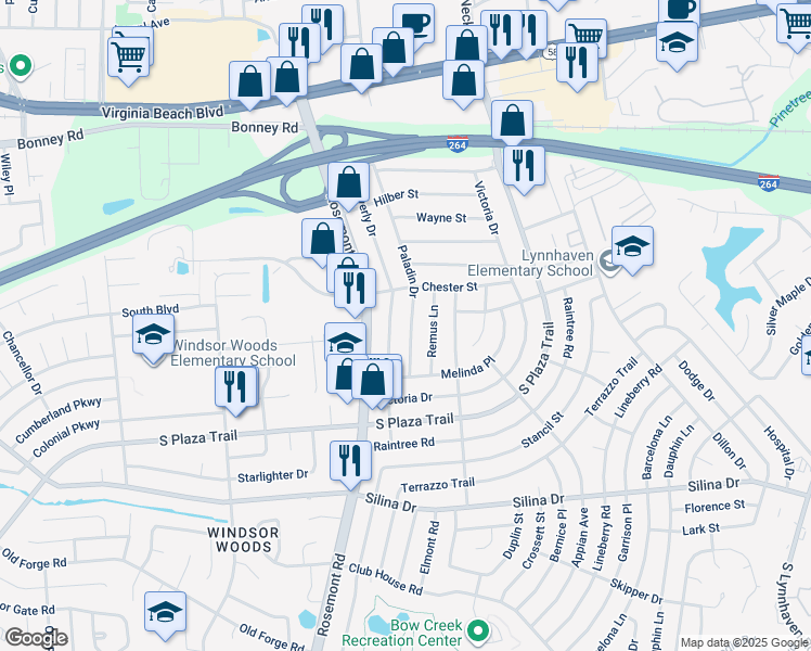 map of restaurants, bars, coffee shops, grocery stores, and more near 229 Paladin Drive in Virginia Beach