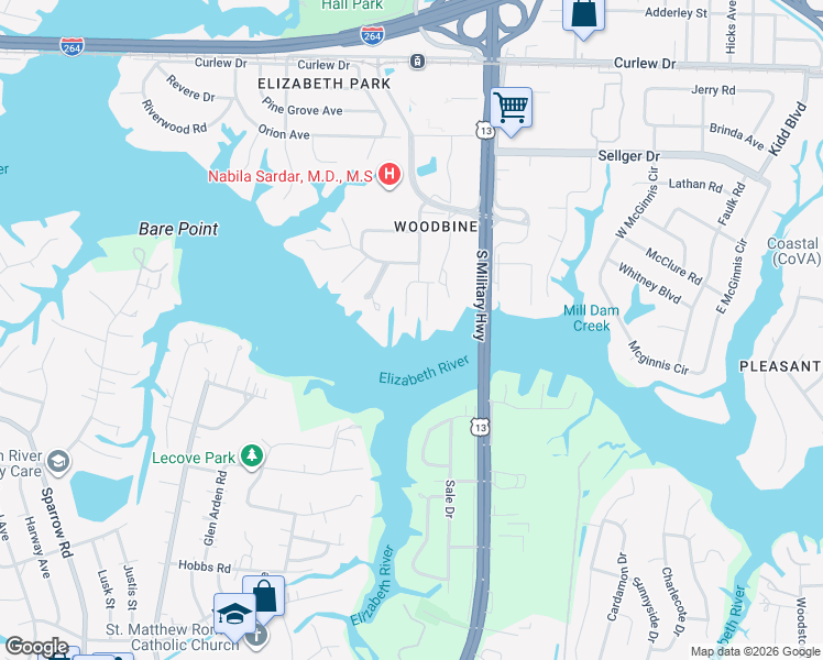 map of restaurants, bars, coffee shops, grocery stores, and more near 460 Shorewood Drive in Norfolk