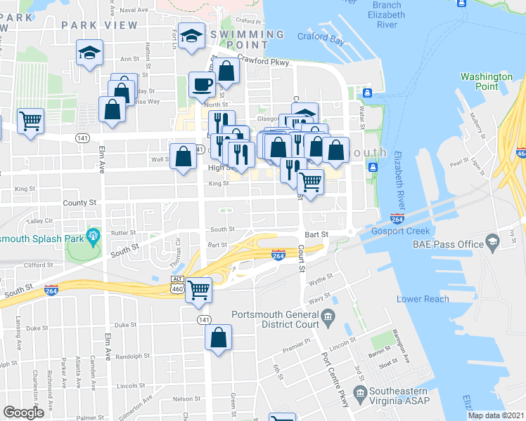 map of restaurants, bars, coffee shops, grocery stores, and more near 522 Columbia Street in Portsmouth