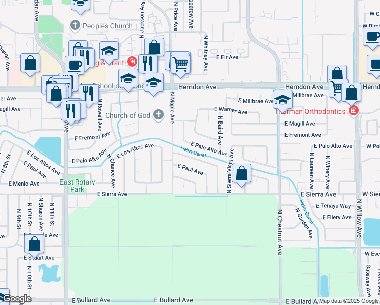 map of restaurants, bars, coffee shops, grocery stores, and more near 2569 East Los Altos Avenue in Fresno