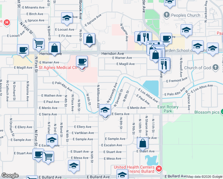 map of restaurants, bars, coffee shops, grocery stores, and more near 6527 North Kennedy Avenue in Fresno