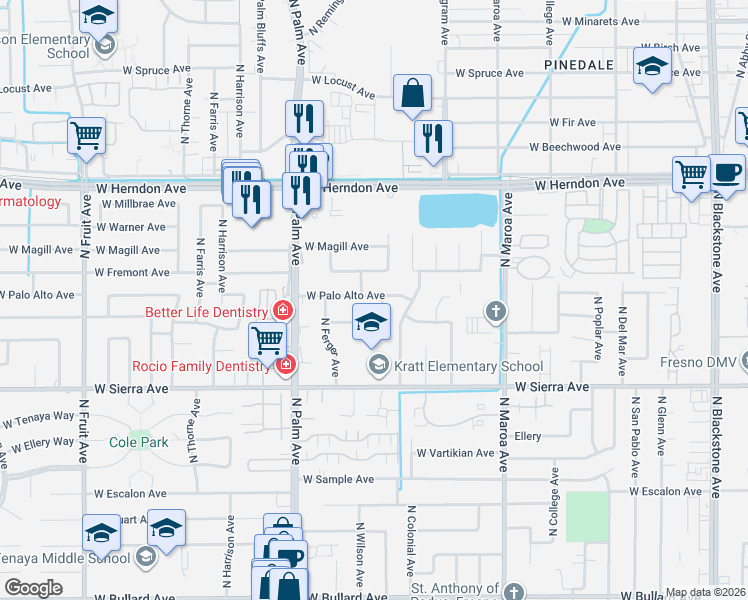 map of restaurants, bars, coffee shops, grocery stores, and more near 6525 North Roosevelt Avenue in Fresno