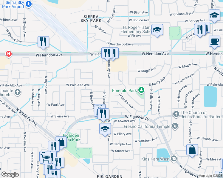 map of restaurants, bars, coffee shops, grocery stores, and more near 3770 West Wathen Avenue in Fresno