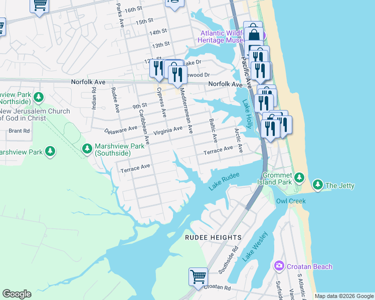 map of restaurants, bars, coffee shops, grocery stores, and more near 408 Terrace Court in Virginia Beach