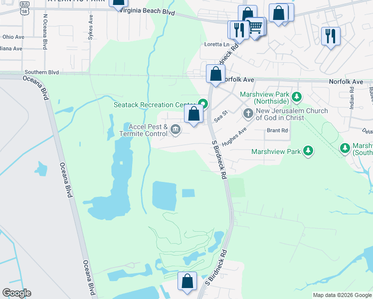 map of restaurants, bars, coffee shops, grocery stores, and more near 1131 Beautiful Street in Virginia Beach