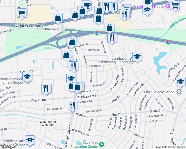map of restaurants, bars, coffee shops, grocery stores, and more near 233 Cassady Avenue in Virginia Beach