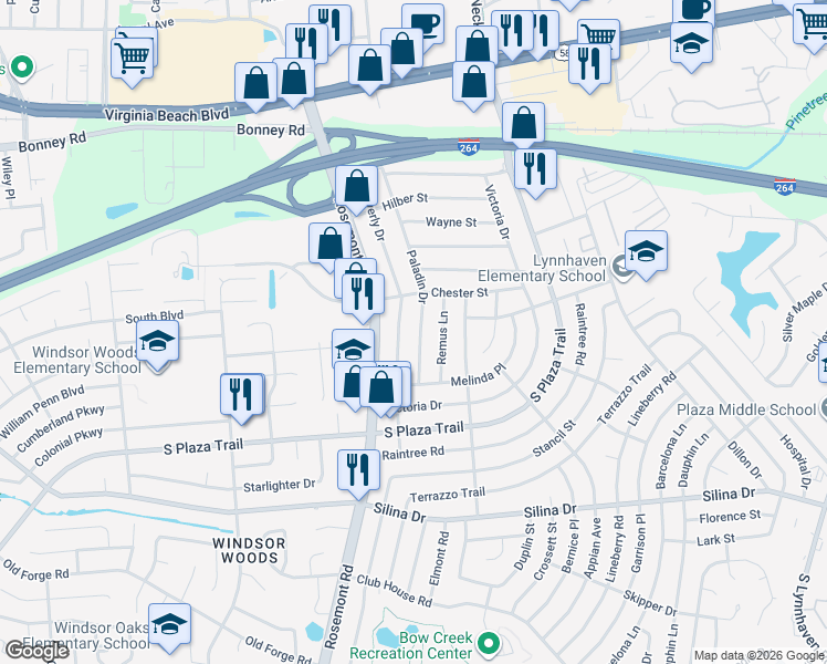 map of restaurants, bars, coffee shops, grocery stores, and more near 229 Paladin Drive in Virginia Beach