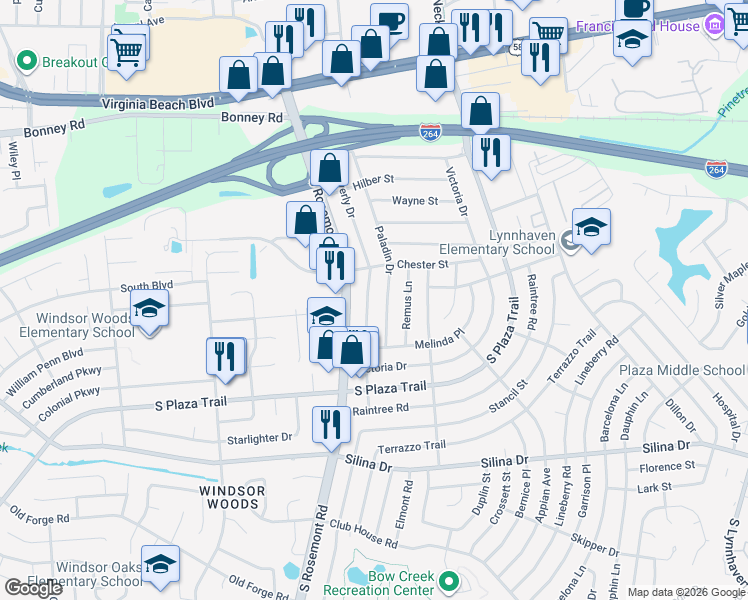 map of restaurants, bars, coffee shops, grocery stores, and more near 229 Paladin Drive in Virginia Beach