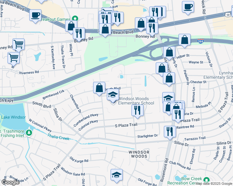 map of restaurants, bars, coffee shops, grocery stores, and more near 3741 Historyland Drive in Virginia Beach