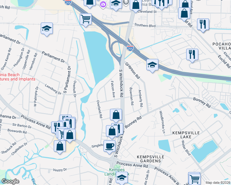 map of restaurants, bars, coffee shops, grocery stores, and more near 253 Falcon Avenue in Virginia Beach