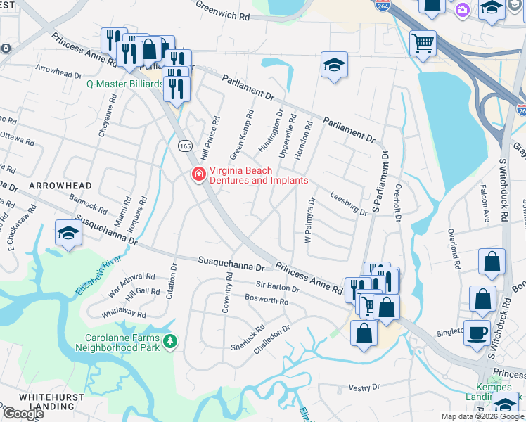 map of restaurants, bars, coffee shops, grocery stores, and more near 240 Coventry Road in Virginia Beach