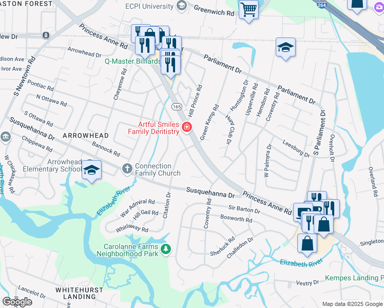 map of restaurants, bars, coffee shops, grocery stores, and more near 5428 Hatteras Road in Virginia Beach