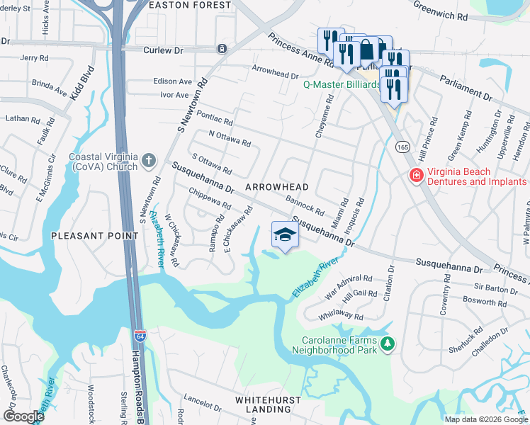 map of restaurants, bars, coffee shops, grocery stores, and more near 5721 Susquehanna Drive in Virginia Beach