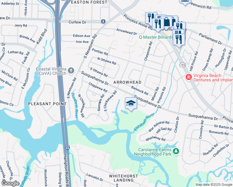map of restaurants, bars, coffee shops, grocery stores, and more near 5721 Susquehanna Drive in Virginia Beach