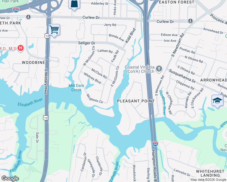map of restaurants, bars, coffee shops, grocery stores, and more near 326 East McGinnis Circle in Norfolk