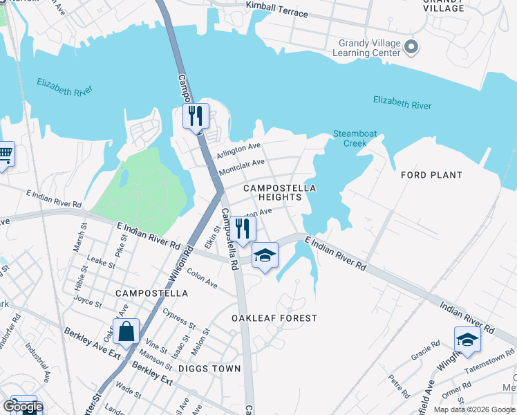 map of restaurants, bars, coffee shops, grocery stores, and more near 905 Oakwood Street in Norfolk
