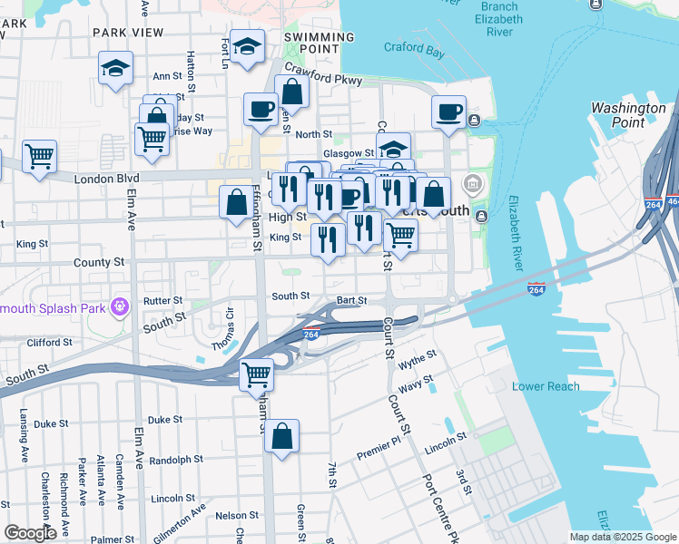 map of restaurants, bars, coffee shops, grocery stores, and more near 522 Columbia Street in Portsmouth
