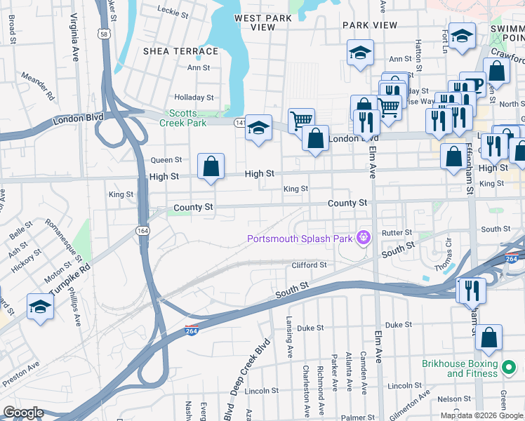 map of restaurants, bars, coffee shops, grocery stores, and more near 732 Williamsburg Avenue in Portsmouth