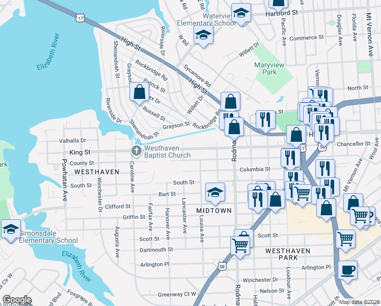 map of restaurants, bars, coffee shops, grocery stores, and more near 3919 County Street in Portsmouth