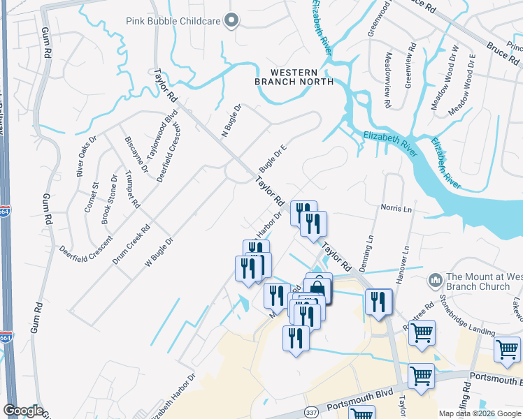 map of restaurants, bars, coffee shops, grocery stores, and more near 2804 Taylor Road in Chesapeake