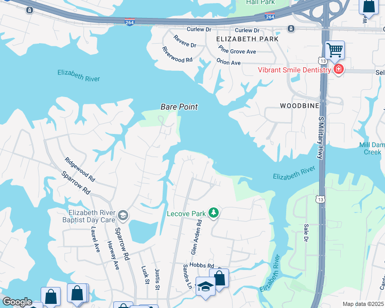 map of restaurants, bars, coffee shops, grocery stores, and more near 3557 Byrn Brae Drive in Virginia Beach