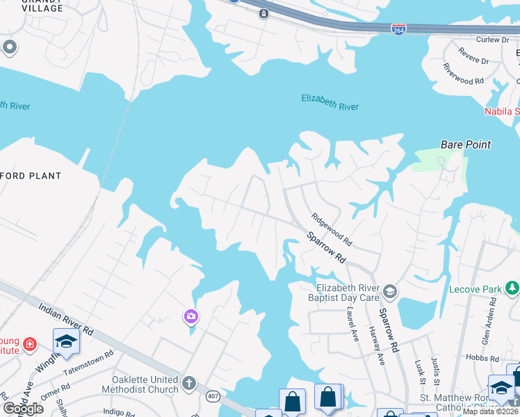 map of restaurants, bars, coffee shops, grocery stores, and more near 210 Sparrow Road in Chesapeake