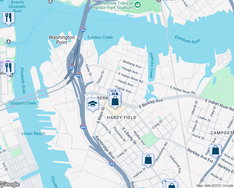 map of restaurants, bars, coffee shops, grocery stores, and more near 516 Dinwiddie Street in Norfolk