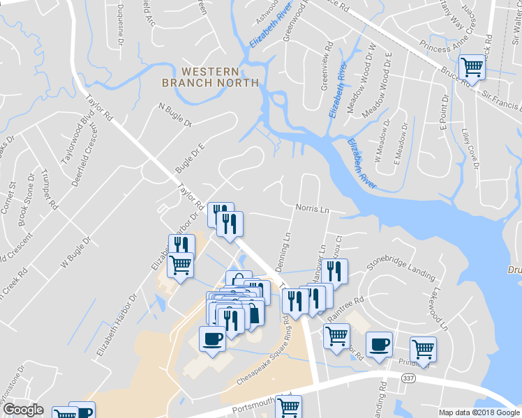 map of restaurants, bars, coffee shops, grocery stores, and more near 4364 Shorewood Drive in Chesapeake