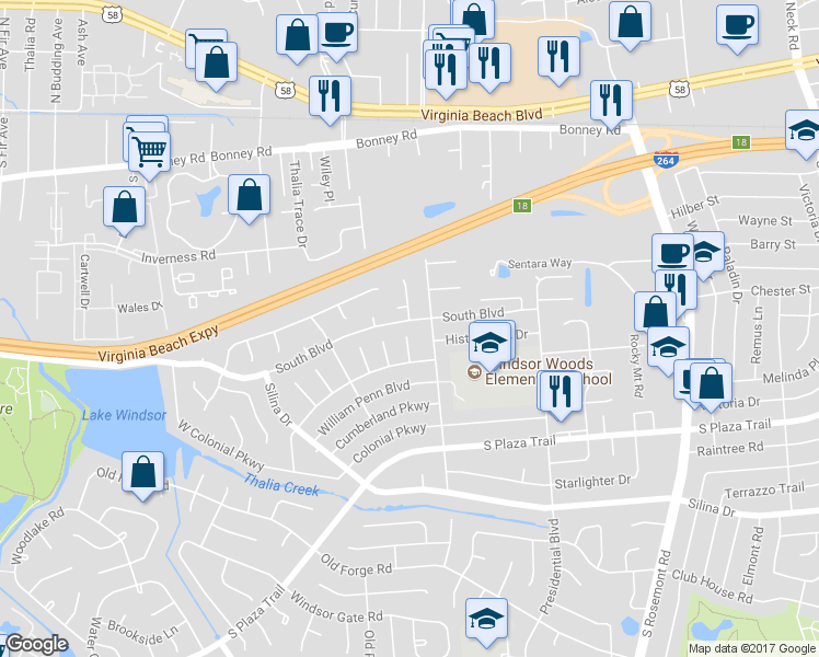 map of restaurants, bars, coffee shops, grocery stores, and more near 200 Windsor Woods Court in Virginia Beach