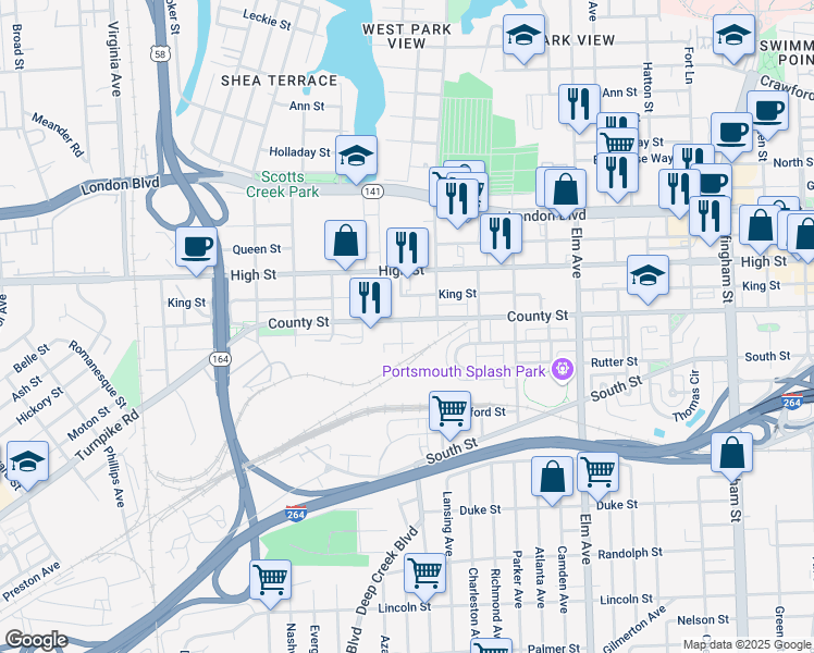 map of restaurants, bars, coffee shops, grocery stores, and more near 732 Williamsburg Avenue in Portsmouth