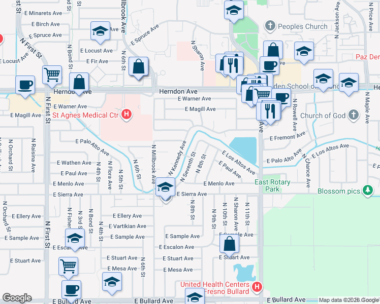 map of restaurants, bars, coffee shops, grocery stores, and more near 6547 North 7th Street in Fresno