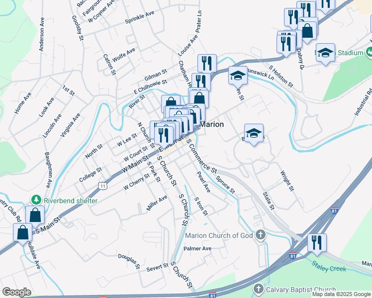 map of restaurants, bars, coffee shops, grocery stores, and more near 215 East Cherry Street in Marion