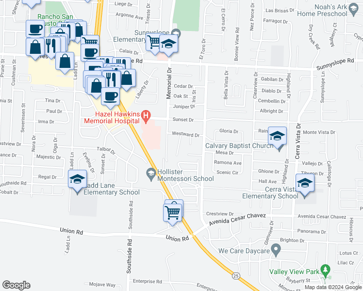 map of restaurants, bars, coffee shops, grocery stores, and more near 1901 Hermosa Way in Hollister
