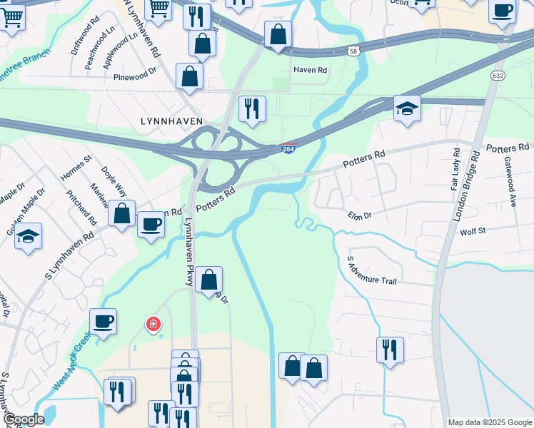 map of restaurants, bars, coffee shops, grocery stores, and more near 225 Arrowfield Rd in Virginia Beach
