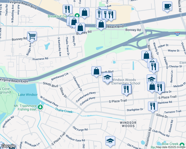 map of restaurants, bars, coffee shops, grocery stores, and more near 200 Windsor Woods Court in Virginia Beach